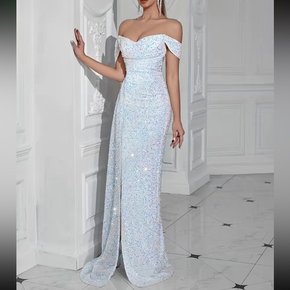 Luxe cold shoulder slit thigh prom part sequins gown dress - Picture 3 of 6